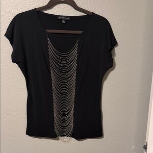 INC International Concepts Black Blouse with Silver Chain Accent